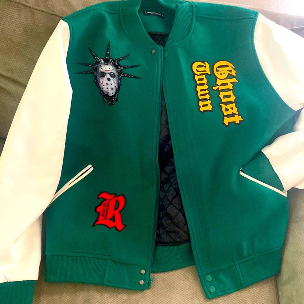 Roku Studio Varsity Jacket, 3XL, Green & White Jason Mask On Front and Back